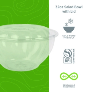 Renewable and Compostable Salad Bowls with Lids, 32 oz, Clea