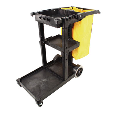 Janitorial Cart, Plastic, 3 Shelves, 1 Bin, 20.5" x 48" x 38