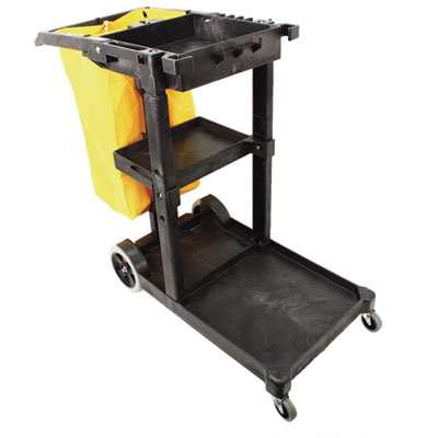 Janitorial Cart, Plastic, 3 Shelves, 1 Bin, 20.5" x 48" x 38