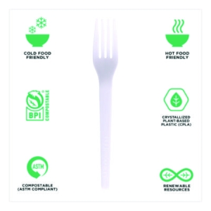Plantware CPLA Cutlery, Fork, White, 1,000/Carton