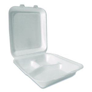 Foam Hinged Lid Containers, 3-Compartment, 7.56 x 8.25 x 2.3