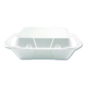 Foam Hinged Lid Containers, 3-Compartment, 9 x 9 x 3, White,