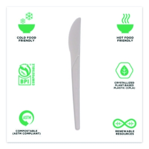 Plantware Compostable Cutlery, Knife, Plastic, White, 1,000/