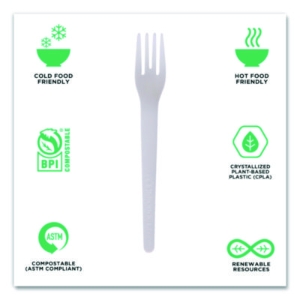 Plantware Compostable Cutlery, Fork, Plastic, Pearl White, 5