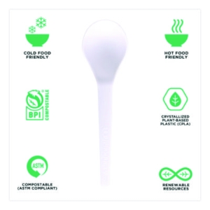 Plantware Compostable Soup Spoon, Heavyweight, Plastic, Whit