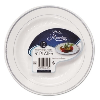 Masterpiece Plastic Dinnerware, 9" Dia, White/silver, 10/pac