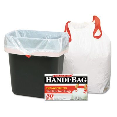 Drawstring Kitchen Bags, 13 gal, 24" x 27.4", White, 50 Bags