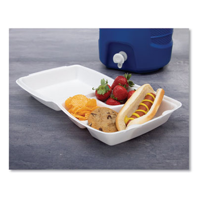 Foam Hinged Lid Containers, 3 Compartments, 8.38 x 7.78 x 3.