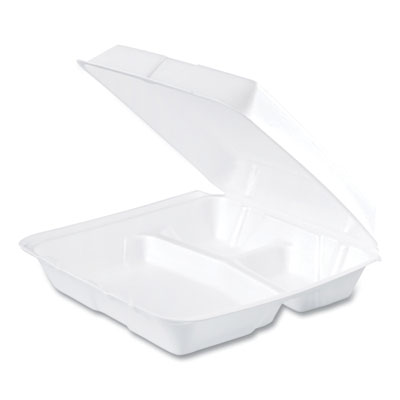 Foam Hinged Lid Containers, 3 Compartments, 9.25 x 9.5 x 3,