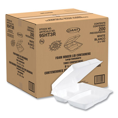 Foam Hinged Lid Containers, 3 Compartments, 9.25 x 9.5 x 3,