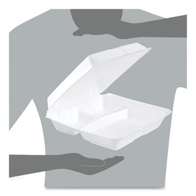 Foam Hinged Lid Containers, 3 Compartments, 9.25 x 9.5 x 3,