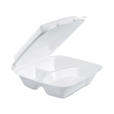 Foam Hinged Lid Container, 3 Compartments, 8 oz, 9 x 9.4 x 3