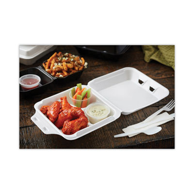 Vented Foam Hinged Lid Container, Dual Tab Lock, 3 Compartme