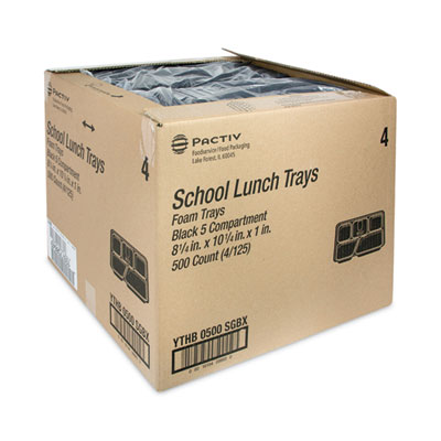 Foam School Trays, 5-Compartment Tray, 8.25 x 10.25 x 1, Bla
