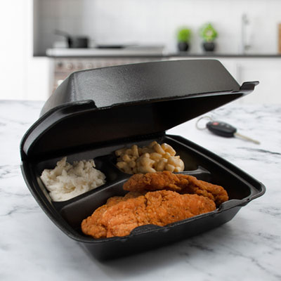 Insulated Foam Hinged Lid Containers, 3 Compartments, 7.96 x